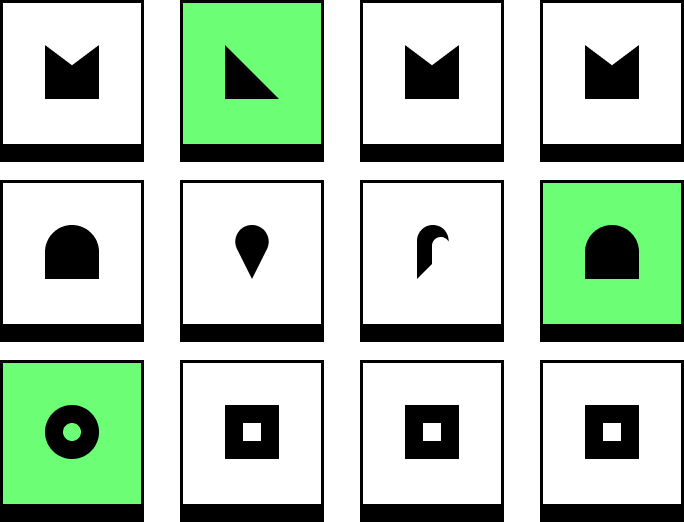 Twelve-tile three-by-four grid of abstract chain network marks with three neon green highlighted cells